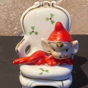 Vintage MCM Ceramic Christmas Red Pixie Elf Sitting Lounging on Chair, Japan